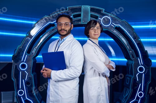 Preview: forward-thinking multiethnic scientists looking at camera back to back in innovation hub
