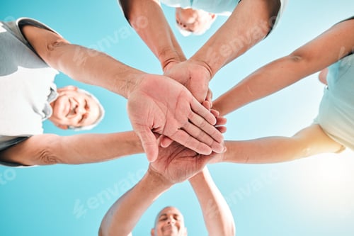 Preview: Group, hands stacked and teamwork by people in unity, support and collaboration together for a goal