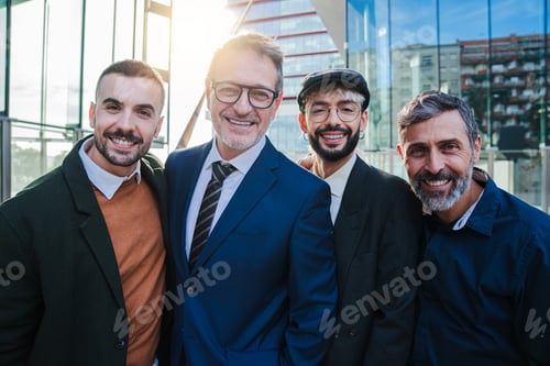 Preview: Portrait of a group of business men looking at camera with smiley expression. Male coworkers staring