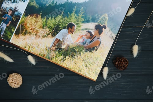 Preview: premium photo book, large size, natural wood cover, quality binding. Family photobook