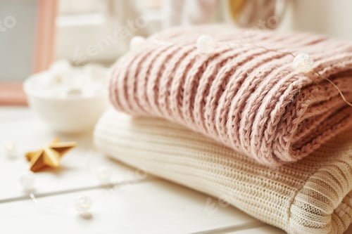 Preview: Cozy Sweaters and String Lights on White Table