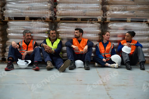 Preview: Diverse warehouse workers taking break, having conversation