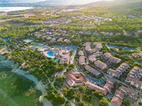 Preview: Aerial drone view of Porto Tramatzu beach and the town, Sardinia, Italy