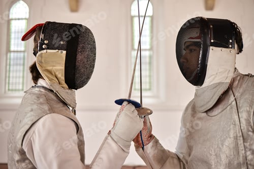Preview: Fencing, sword and people start fight in sports training, exercise or challenge in hall. Martial ar