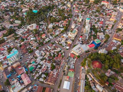 Preview: Aerial view of the city centre of Gondar with a lot of car and pedestrian traffic, Ethiopia, Africa