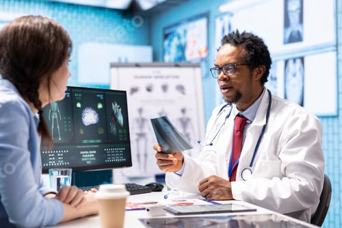 Preview: Professional medic analyzing x ray imaging and test findings in office
