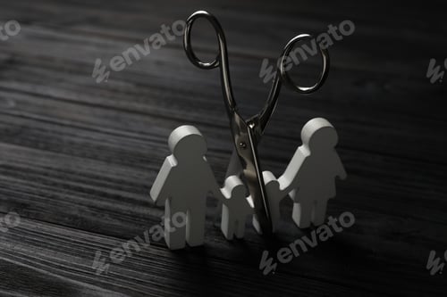 Preview: Family figure and scissors on black wooden table. Relationship problems concept