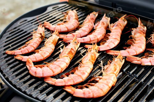 Preview: Grilled big tiger shrimps prawns on grill pan,