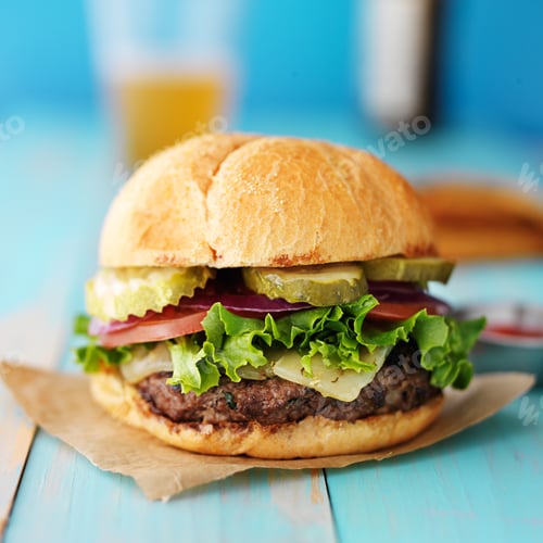 Preview: gourmet hamburger on colorful rustic table;