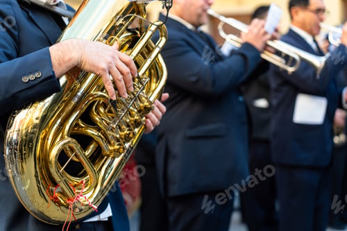 Preview: Band musicians with their instruments on the street. Typical music bands in Spain.