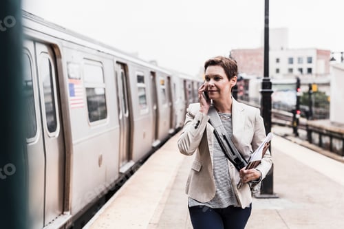 Preview: Mature woman using smart phone at commuter train station