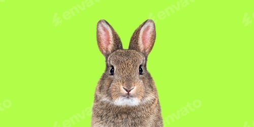 Preview: Young European rabbit facing and looking at the camera. Standing on a green background