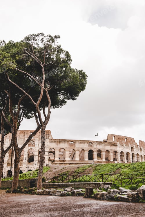 Preview: green trees in front of ancient Colosseum ruins on cloudy day, Rome, Italy