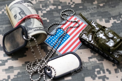 Preview: Military ID tags with USA flag on uniform background