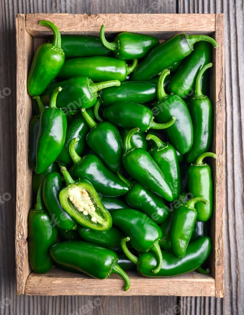 Preview: Wooden box filled with green jalapeno peppers