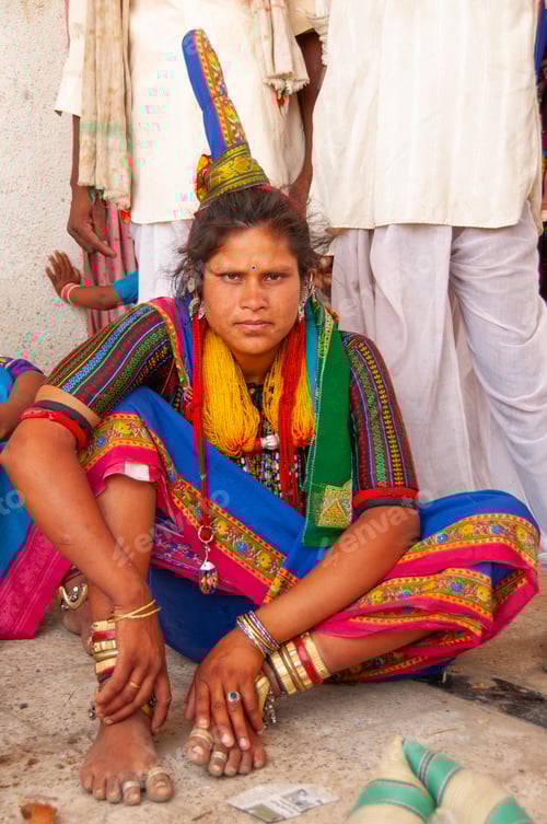 Preview: Young Banjara tribal women with ornaments and colorful dress, India