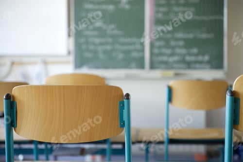 Preview: Germany, Bavaria, Chairs and blackboard in classroom