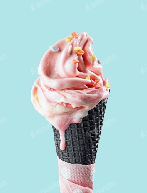 Preview: pink melting ice cream in black waffle cone
