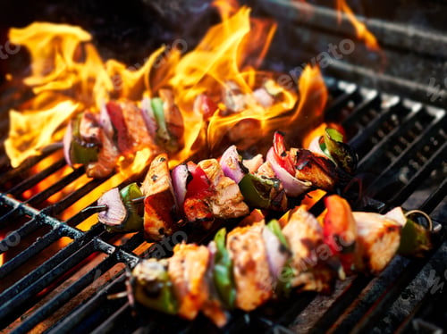 Preview: grilling chicken kabobs on flaming grill