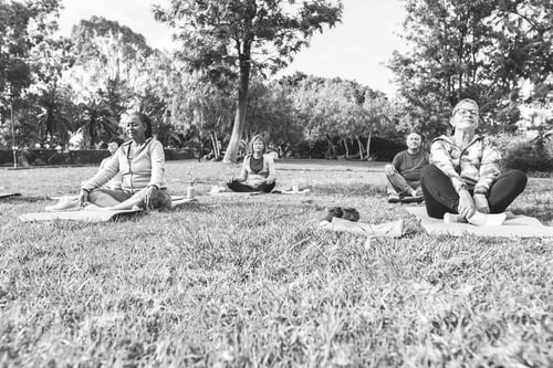 Preview: Multiracial senior people doing stretching workout exercises outdoor