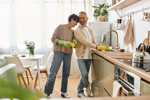 Preview: Mature couple shares joyful moments while cleaning their bright and airy kitchen together