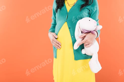 Preview: Cropped view of pregnant woman in yellow dress touching belly and holding toy rabbit isolated on