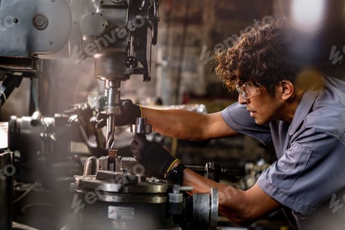 Preview: Men are inspecting steel parts for machine installation.