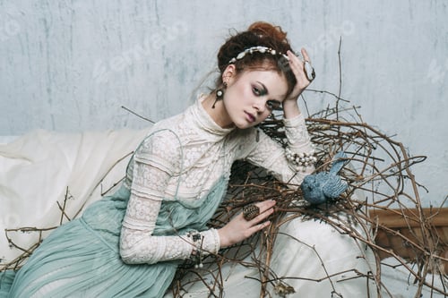 Preview: woman near nest with bird room background image Forest witch