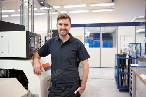Preview: Portrait of engineer and equipment in engineering factory