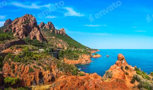 Preview: Esterel rocky beach coast and sea. Saint Raphael, Cannes, Cote Azur, Provence, France
