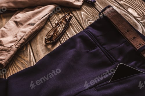 Preview: close up view of fashionable male clothing, eyeglasses and smartphone on wooden surface