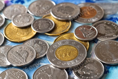 Preview: Closeup macro Canadian money coins dollars and cents