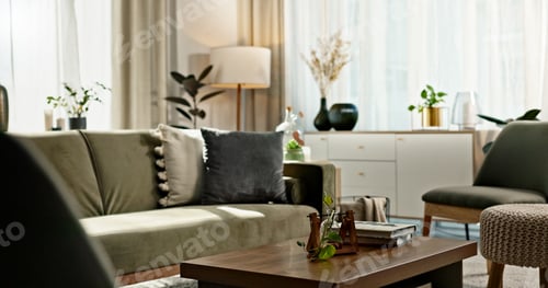 Preview: Living room, interior design and background of home with furniture, sofa and coffee table in proper