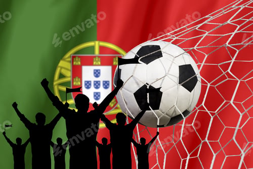Preview: Silhouettes Of Soccer Fans With Flag Of Portugal .Cheer Concept
