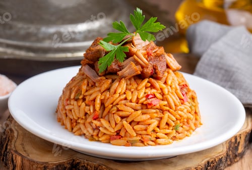 Preview: Local Turkish food; Lamb on barley noodle. Turkish name; Ankara Tava