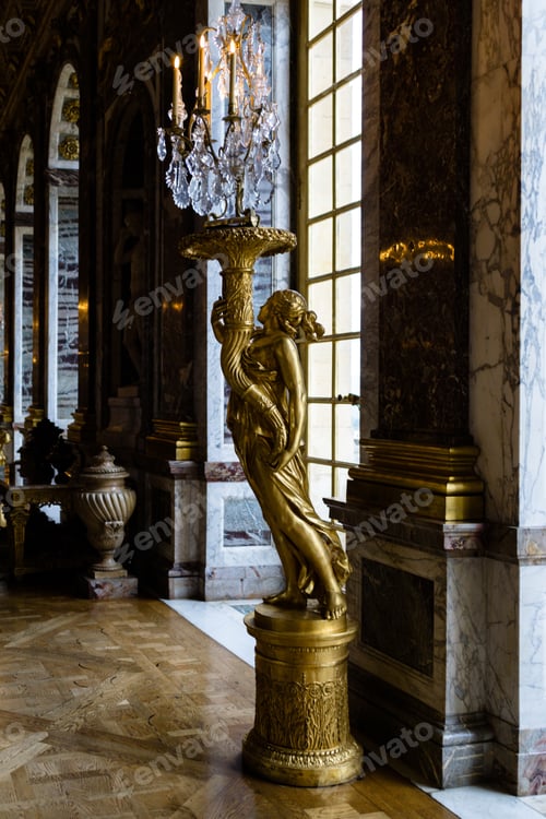 Preview: Vertical shot of a golden statue in the Hall of Mirrors in Versailles Palace in France