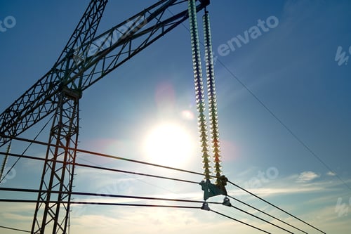 Preview: High voltage tower with electric power lines divided by safe guard bushing