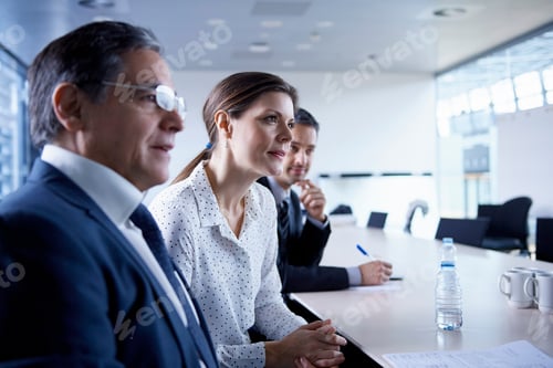 Preview: Businesswoman and men listening at office meeting