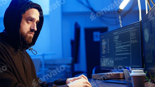 Preview: Close up of hacker in graffiti painted hideout focused on developing spyware