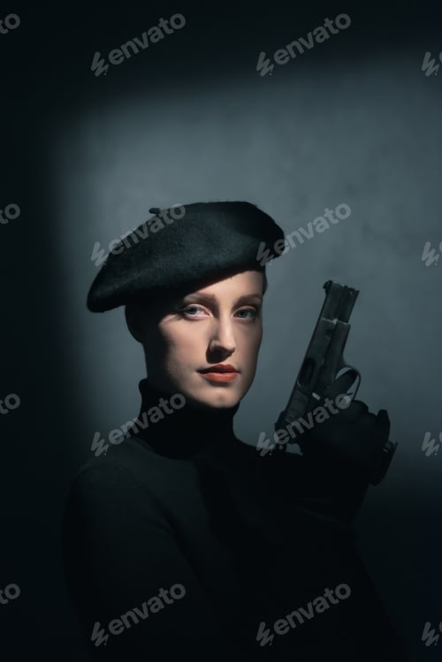 Preview: Retro 1940S Woman With Beret Holding Pistol.