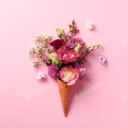 Preview: Summer minimal concept. Ice cream cone with pink flowers and leaves on punchy pastel background