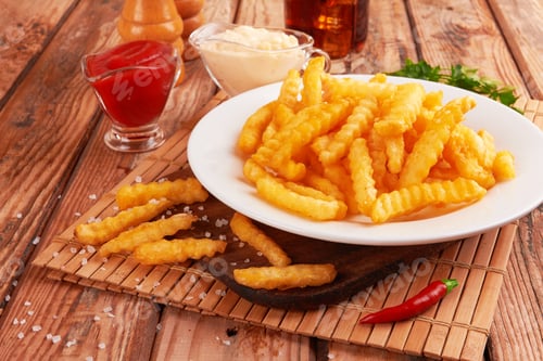 Preview: French fries on wooden table background