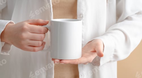 Preview: Mockup white coffe cup or mug in female hands