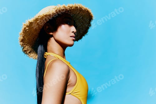 Preview: Happiness woman beauty summer smile swimsuit portrait mouth fashion trendy yellow hat