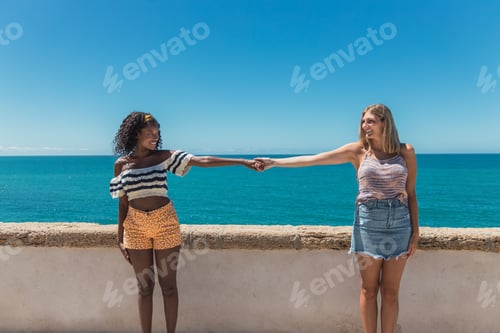 Preview: Happy young diverse ladies holding hands at seaside