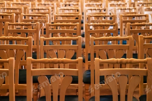 Preview: Rows of Empty Wooden Chairs Arranged Indoors for a Formal Gathering or Event Seating