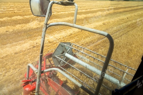 Preview: Window view of combine harvester conveyer working on a field