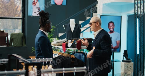 Preview: Experienced famous stylist buying the perfect tie color for his rich client