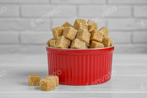 Preview: Brown sugar cubes in bowl on white wooden table, closeup