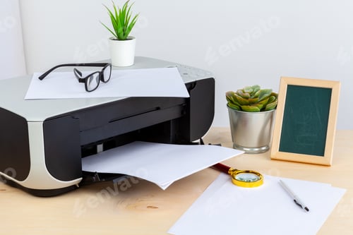 Preview: Office printer close up on a wooden table
